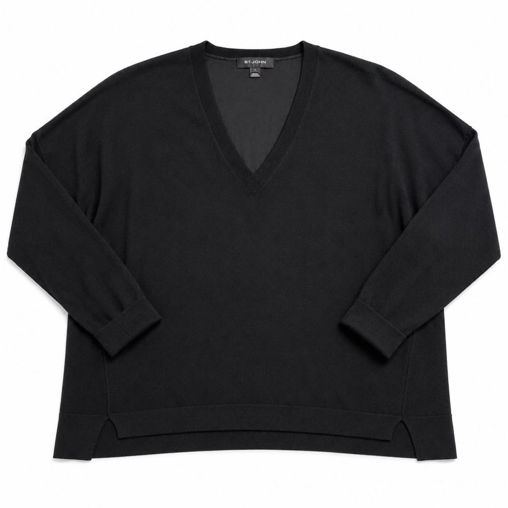 St. John‎ Black V-Neck Mixed Media Oversized Sweater Sheer Back Panel Large